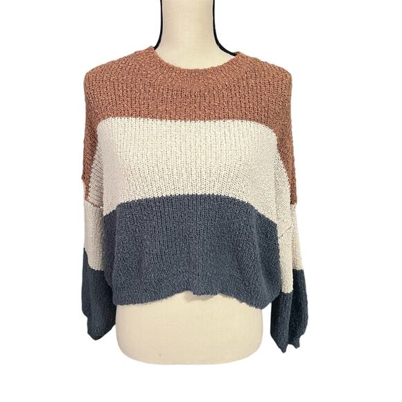 Debut | NWOT Women's Brown Cream Blue Wide Stripe Cropped Sweater Sz M - Picture 1 of 4
